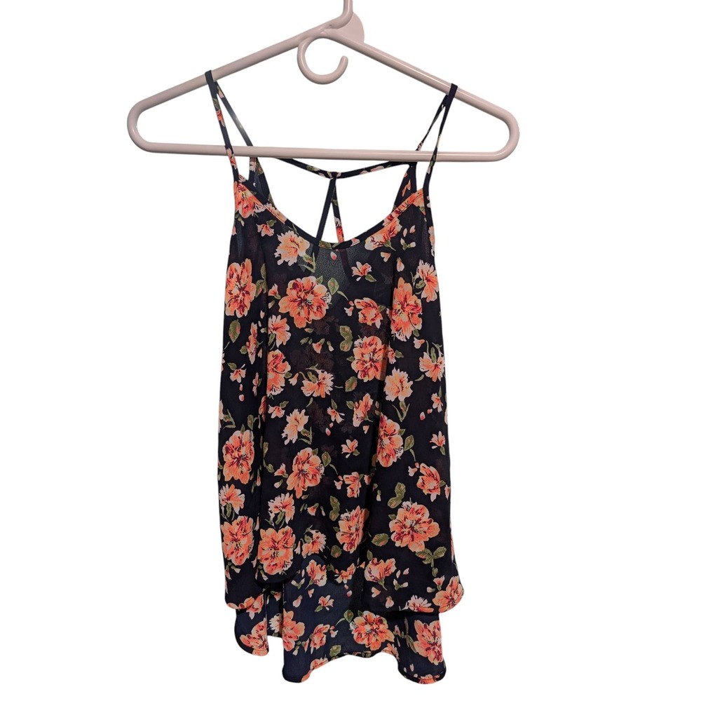 Sienna Sky Floral Strappy T-Back Cami Tank Top Navy Peach XS‎